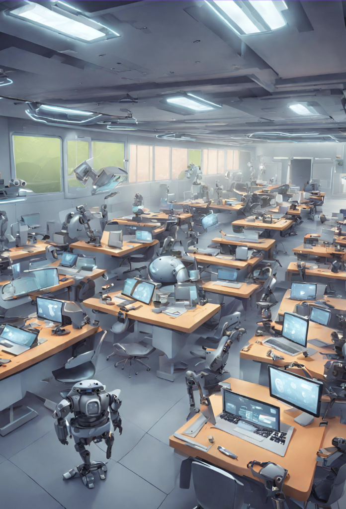 Canva AI generated image of a futuristic classroom, with lots of computers and some helpful robots!