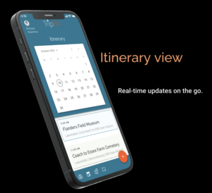 Picture of mobile phone app with TripPA itinerary view. There is a calendar of the trip dates and a list view of the upcoming activities for the day