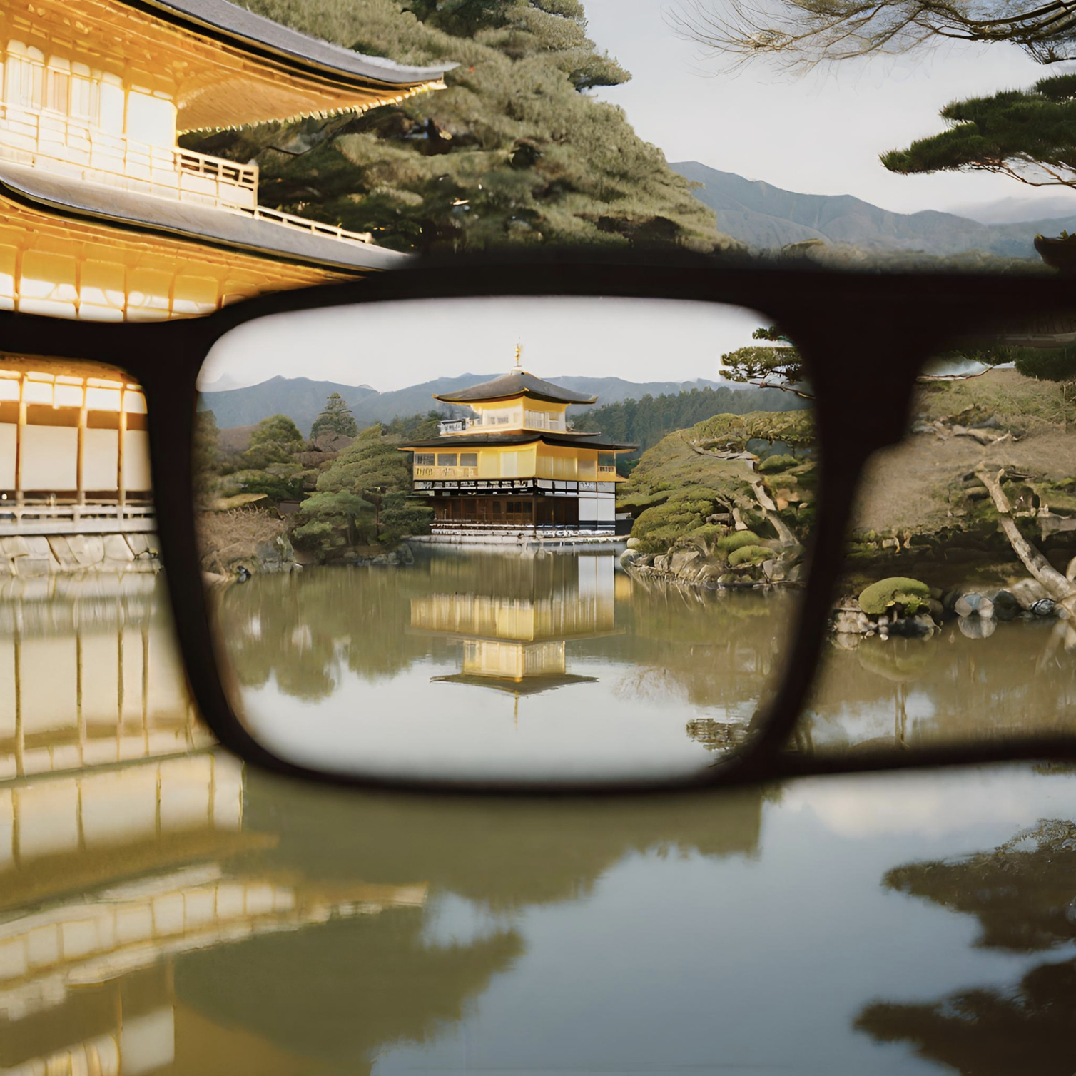 A shimmering gold Japanese temple seen through AR Glasses