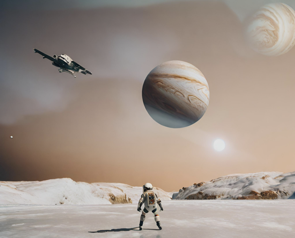 An image generated by Canva AI of the view on Europa's surface, with a spaceperson, Jupiter in the sky and a spaceship coming in to land.
