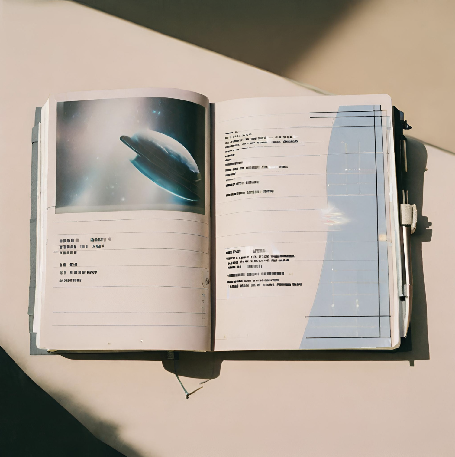 Canva AI generated image of a futuristic journal lying on a table.