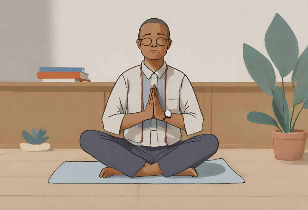 Cartoon image of a teacher meditating.