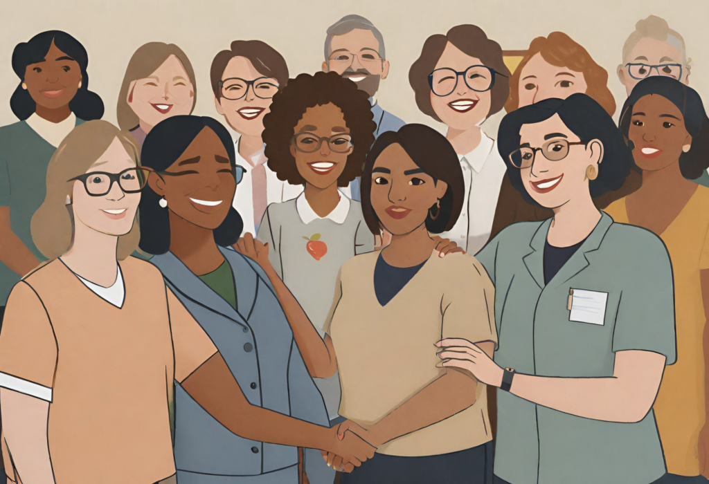 Image of a group of teachers smiling and supporting one another, holding hands.