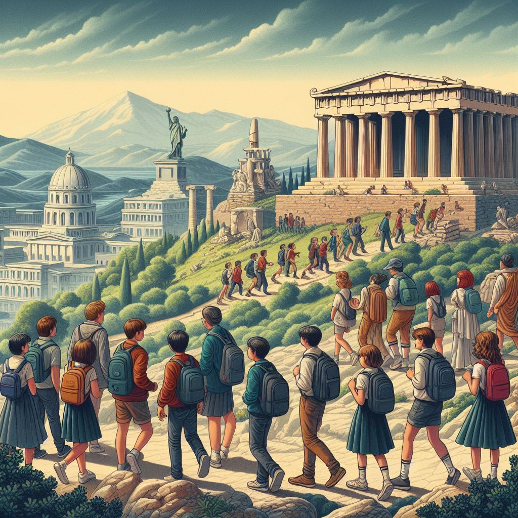 Students lining up to view the acropolis and other amazing sites.