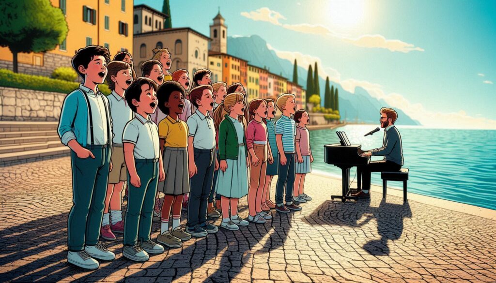 An AI generated image of children singing on Music Tour in Italy.