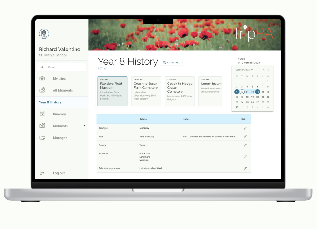 View of the Trip Dashboard