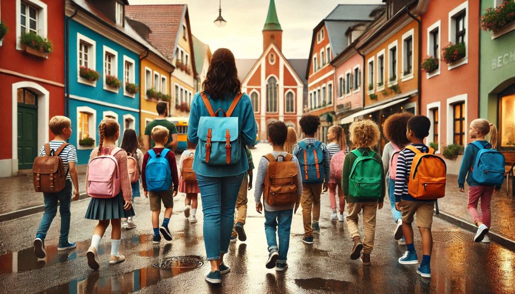 A School Trip visits a European town in rainy weather. The teacher wears a suitable backpack.