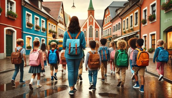 Backpacks on a School Trip A School Trip visits a European town in rainy weather. From our School Trip Management Tips Series.